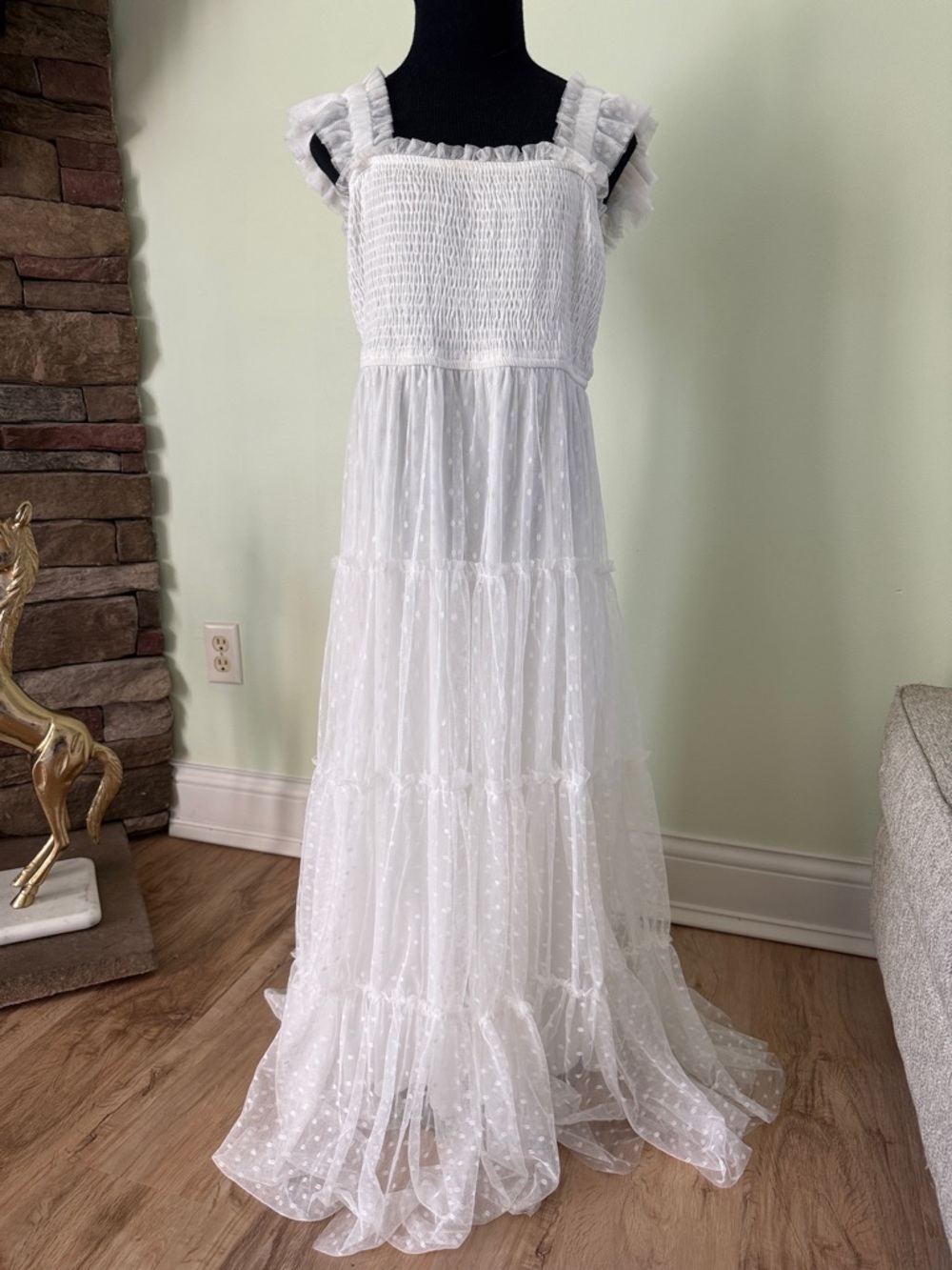 Blu Pepper White Maxi Dress with Swiss Dot Tiered Skirt, Size L